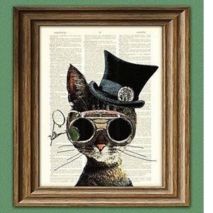 5/$25 Steampunk Clockwork Kitty Cat Upcycled Dictionary Page Book Art Print